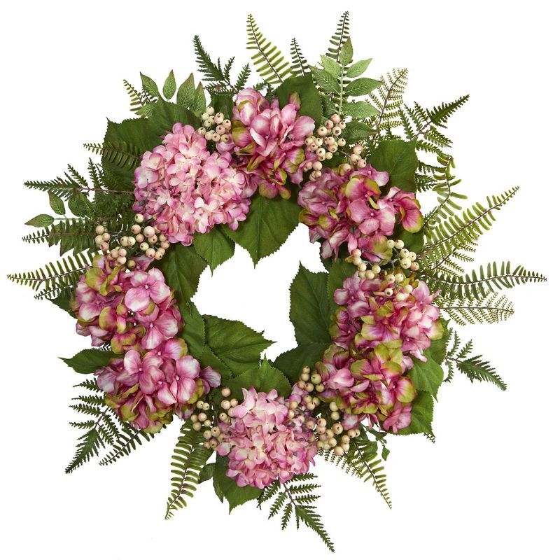 24" Artificial Hydrangea & Berry Wreath Pink - Nearly Natural | Target