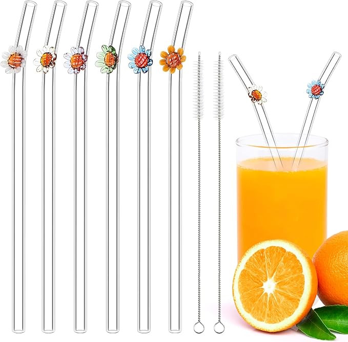 6 Pcs Reusable Straws Shatter Resistant Glass Straws Cute Sunflower on Clear Straws Colorful Flow... | Amazon (US)