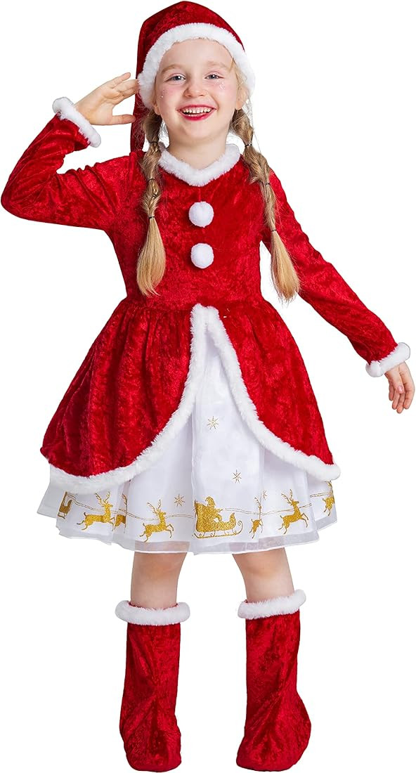 Amazon.com: IKALI Girls Red Velour Christmas Dress Mrs Claus Costume, Kids Toddlers Holiday Party... | Amazon (US)