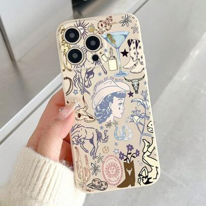 Western Style Phone Case With Side Profile Of Woman Wearing Cowboy Hat, Horse, Cactus, Stars, Skull, Boots Pattern, Lens Protection Milky White Phone | SHEIN