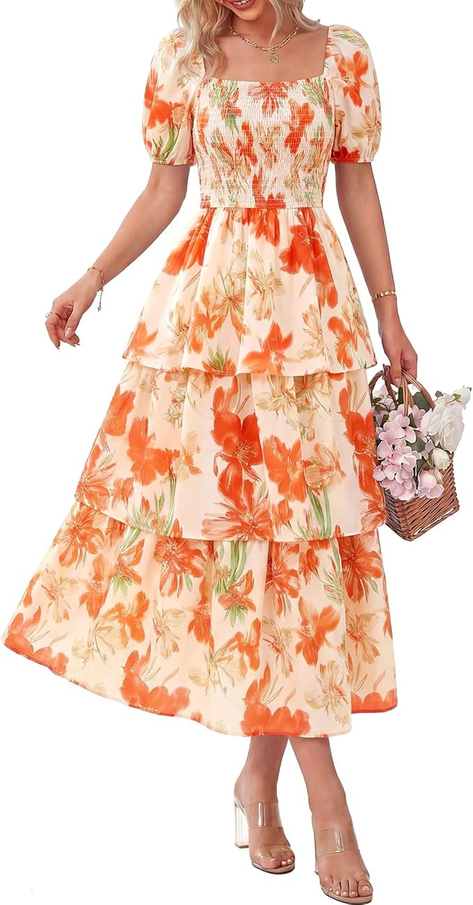 BTFBM Womens Square Neck Smocked Dress Summer Puff Short Sleeve Floral Casual Ruffle Tiered Maxi ... | Amazon (US)