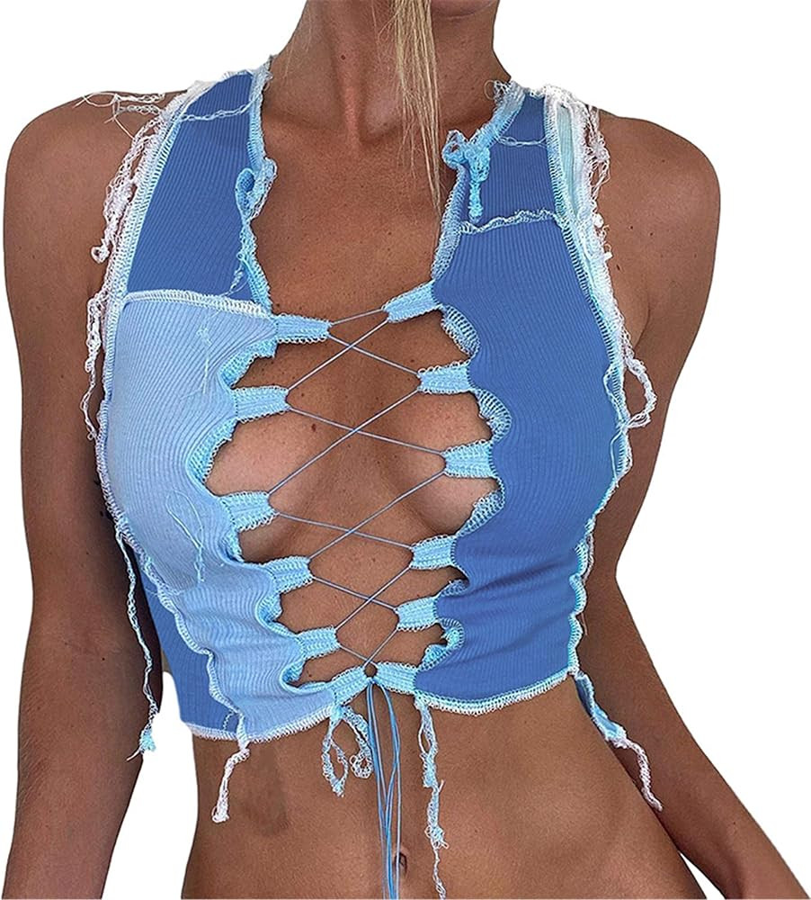 SAFRISIOR Women Punk Style Crop Top Patchwork Ribbed Knit Hollow Out Bandage Crop Tank Cami Top | Amazon (US)