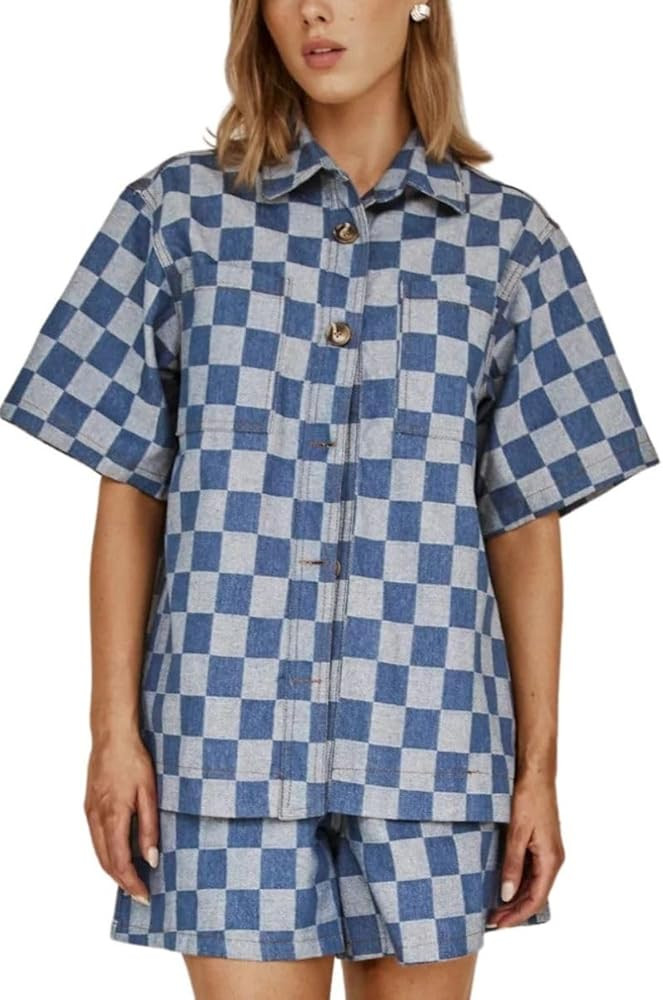 Women's Denim 2 Piece Shorts Set Plaid short sleeve button down Shirt Shacket High Waist Jean Sho... | Amazon (US)