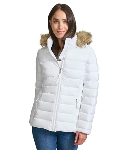 Tommy Hilfiger Women's Faux Fur Trimmed Short Puffer White Large | Amazon (US)