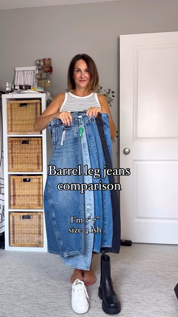 Barrel leg jeans! A big trend for fall but the style can be tricky so I tried on several options, comment “link” for a dm. 
Which barrel leg jeans are your fave? Take the poll! 

Barrel leg jeans, barrel style jeans, jeans for fall 2024, barrel leg denim, barrel style denim, fall 2024 denim trend