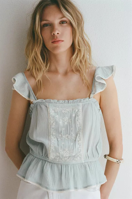 EMBROIDERED RUFFLE TOP | Zara UK