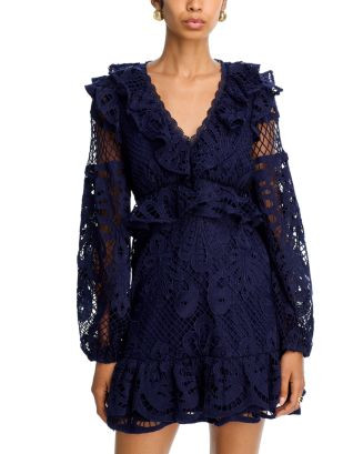 Lace V Neck Long Sleeve Ruffle Mini Dress - Exclusive | Bloomingdale's (AU)