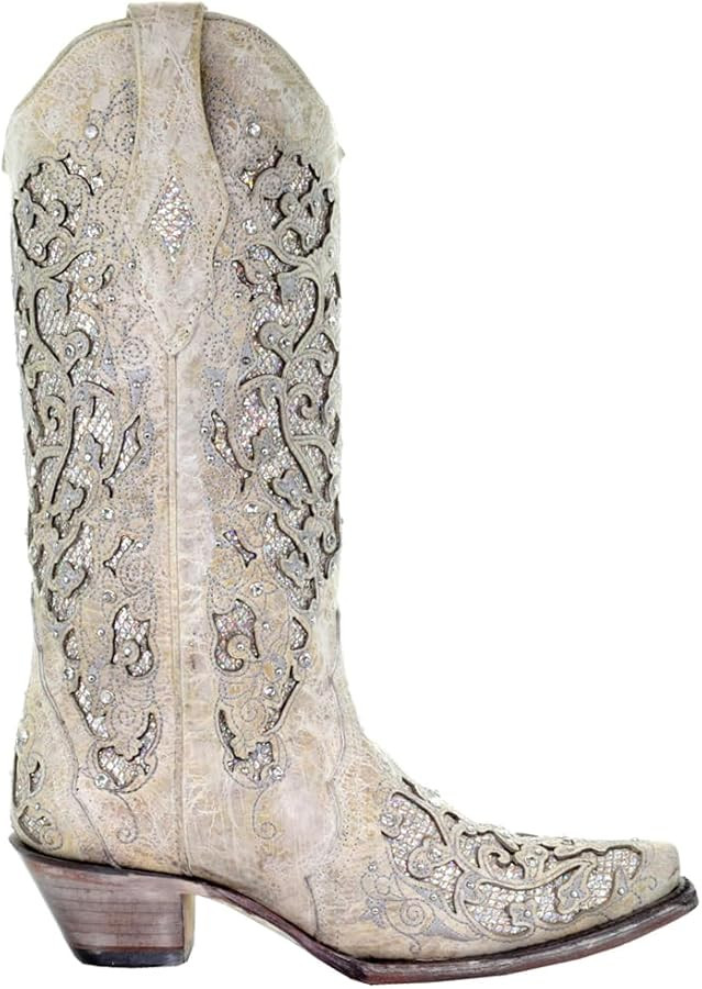 Corral Women's 13-inch White/Green Glitter Inlay & Crystals Pull-On Cowboy Boots - Sizes 5-12 B | Amazon (US)