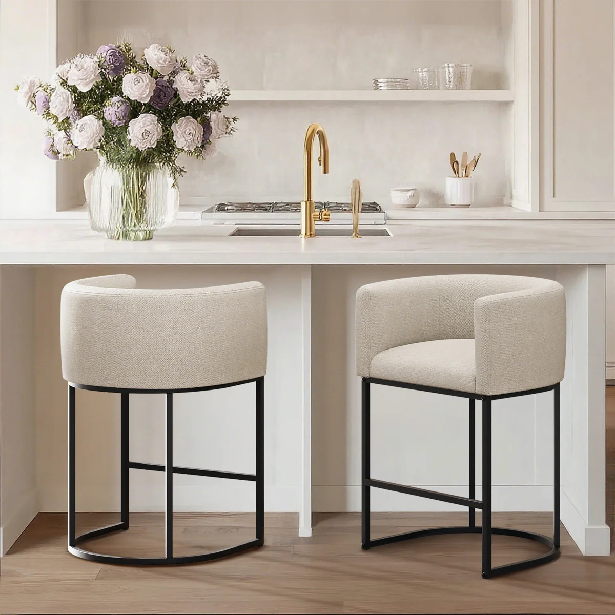 Upholstered Counter Stool with Metal Frame Barrel Low Back Counter Stools Set of 2 (Set of 2) | Wayfair North America