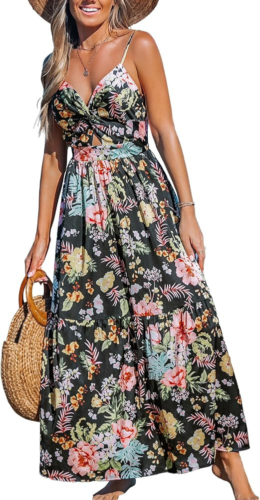 CUPSHE Women's Maxi Dress Floral Print Twisted V Neck Sleeveless Long Dress Summer Casual Dress | Amazon (US)