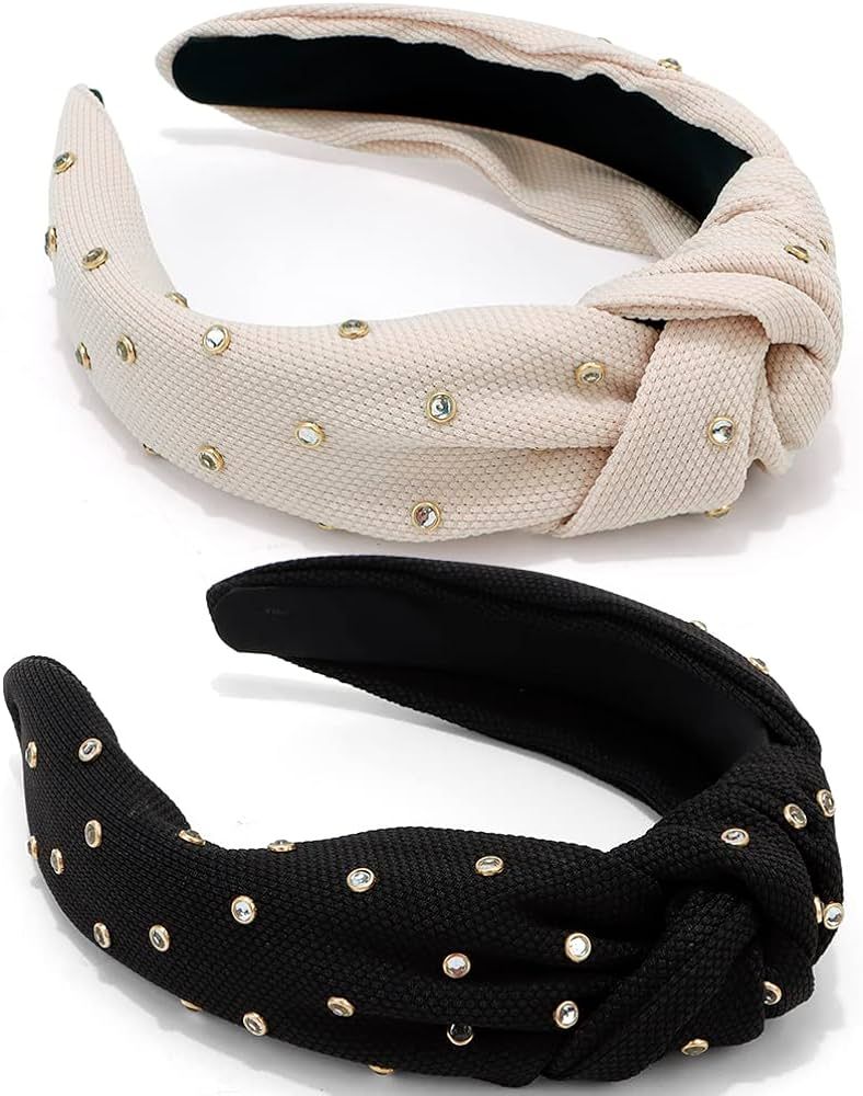 Atoden Rhinestone Knotted Headbands for Women 2 Pcs Rhinestone Headband Top Knot Headbands Beaded... | Amazon (US)