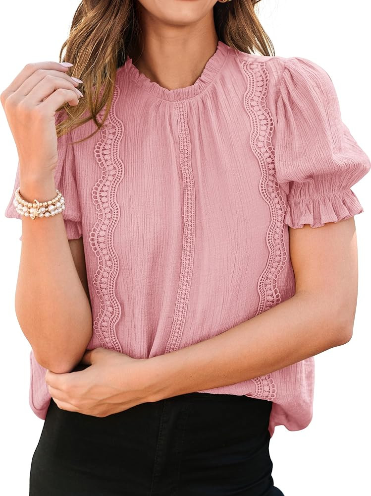 PRETTYGARDEN Womens Summer Tops 2025 Trendy Mock Neck Puff Sleeve Blouse Dressy Casual Business W... | Amazon (US)
