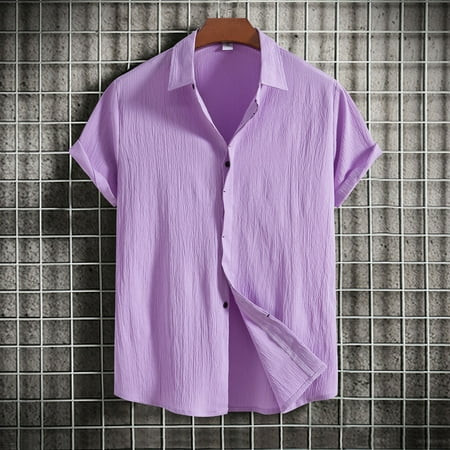 WUWUQF Short Sleeve Shirts for Men Men s New Short Shirt Loose Solid Button Cotton Mens Linen Purple | Walmart (US)