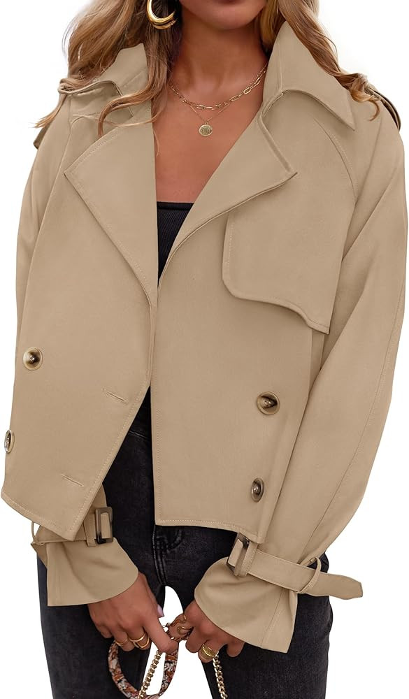 ZESICA Womens Long Sleeve Crop Trench Coat Lapel Double Breasted Loose Casual Jacket with Pockets | Amazon (US)