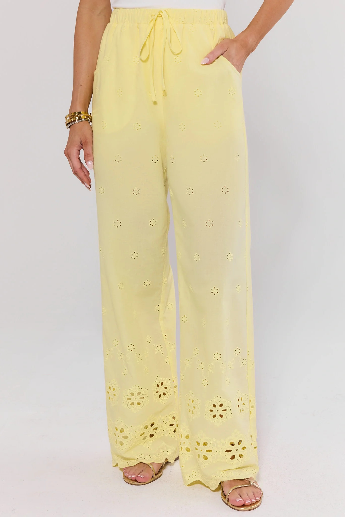 Yellow Eyelet Wide Leg Pants | Avara