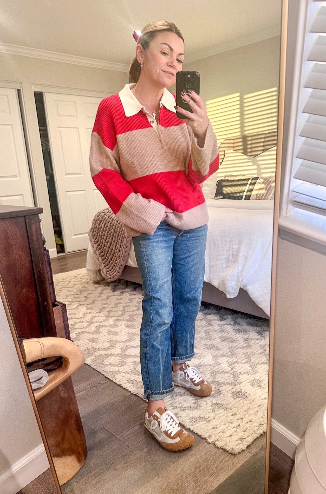 Finally a chilly night in SoCal and I run to throw on a fall outfit 
I’m obsessed with this polo vibe sweater and these brown suede sneakers are life 

#LTKOver40 #LTKSeasonal #LTKShoeCrush