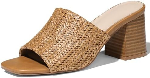 Ancomafio Heeled Sandals for Women，Raffia Sandals 2026 Chunky Heels Square Toe Mules Block Summ... | Amazon (US)