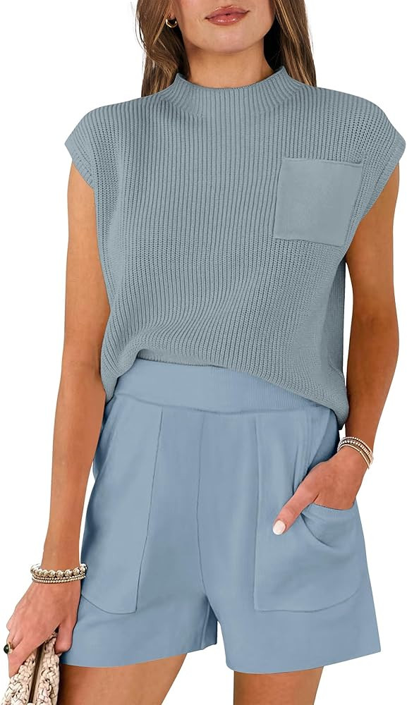 Caracilia Women's Two Piece Outfits Sweater Sets Knit Pullover Tops and Shorts Tracksuit Lounge S... | Amazon (US)