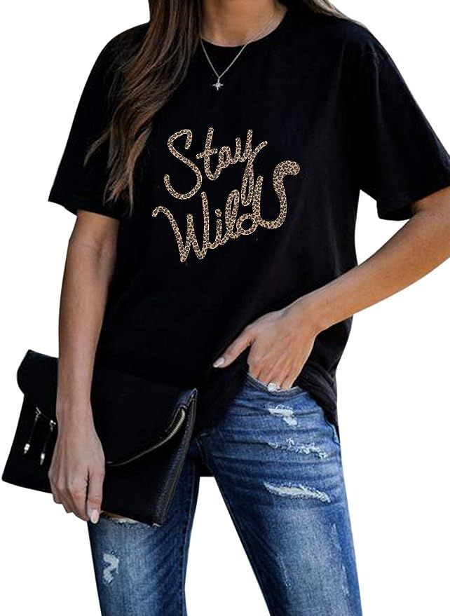 BMJL Women's Stay Wild Slogan T Shirt Cute Summer Top Crew Neck Short Sleeve Blouse Tees | Amazon (US)