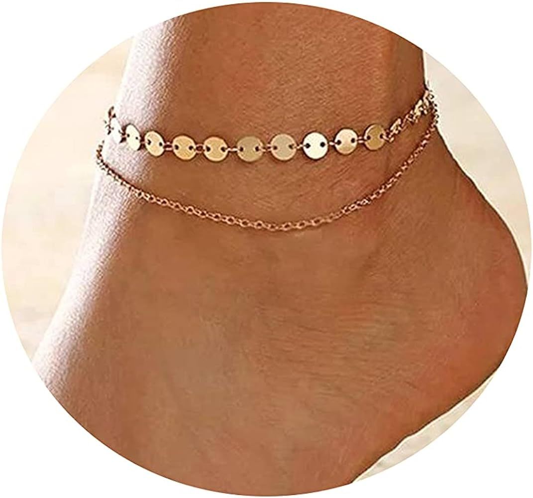Tasiso 14K Gold Plated Layered Round Beaded Anklet Layering Star Bar Moon Dangle Ankle Bracelet Mini | Amazon (US)