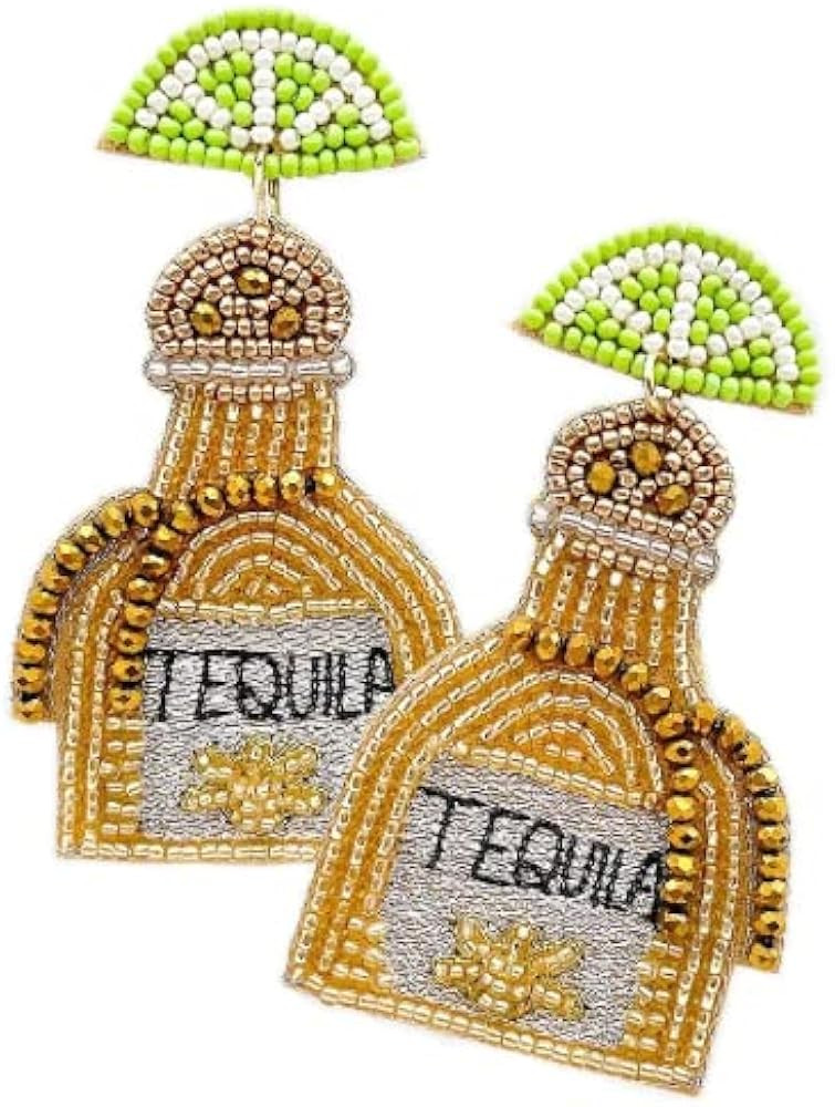 Large Seed Beaded Tequila Lemon Bottles Dangle Earrings, Gold Tequila Lime Earrings | Amazon (US)