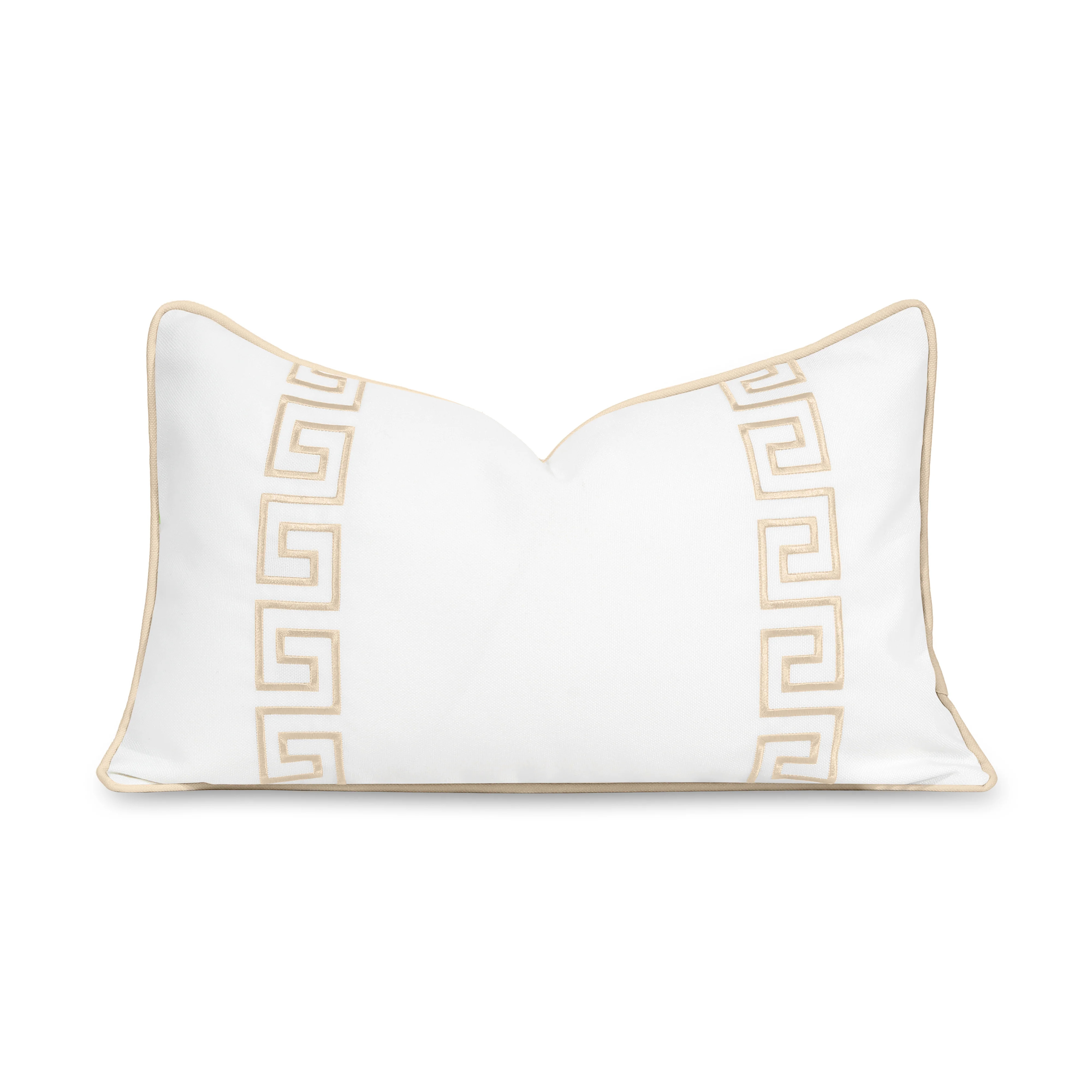Coastal Indoor Outdoor Lumbar Pillow Cover, Embroidered Greek Key with Piping, Neutral Tan, 12 | Hofdeco