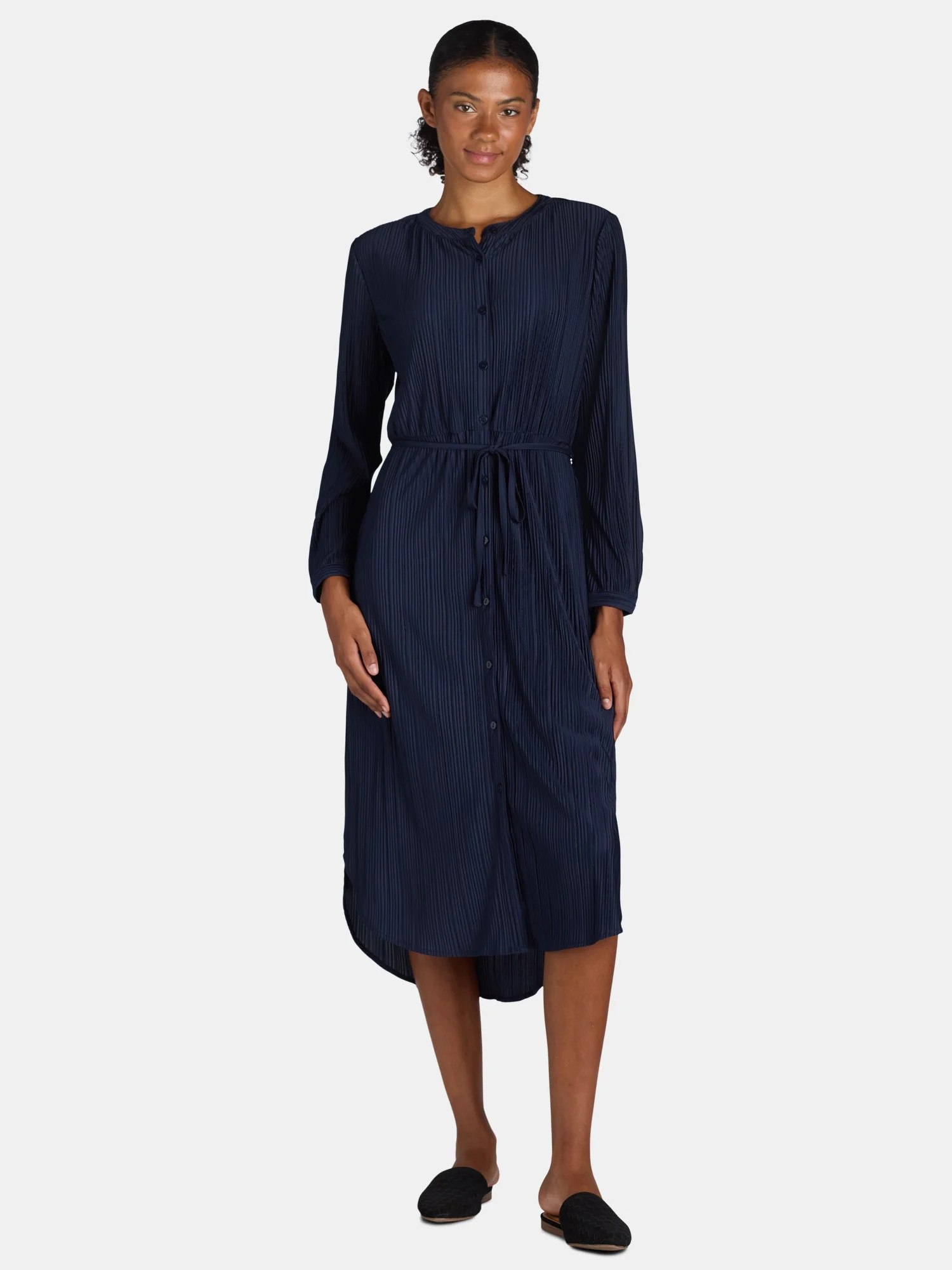 Time and Tru Women's Plisse Dress with Long Sleeves, Sizes XS-XXXL | Walmart (US)