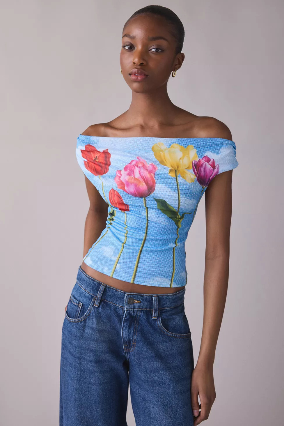 UO Fia Graphic Print Mesh Off-The-Shoulder Crop Top | Urban Outfitters (US and RoW)