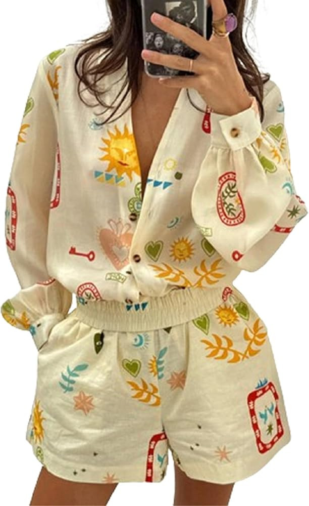 NUFIWI Vintage Graffiti 2 Pieces Shorts Sets for Women Floral Fruit Print Short Sleeve Shirt and ... | Amazon (US)