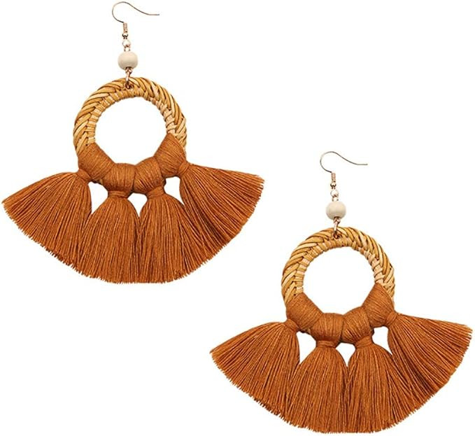 Bohemian Large Circle Wooden Rattan Tassel Dangle Earrings with Thread Fringe for Women Girls | Amazon (US)