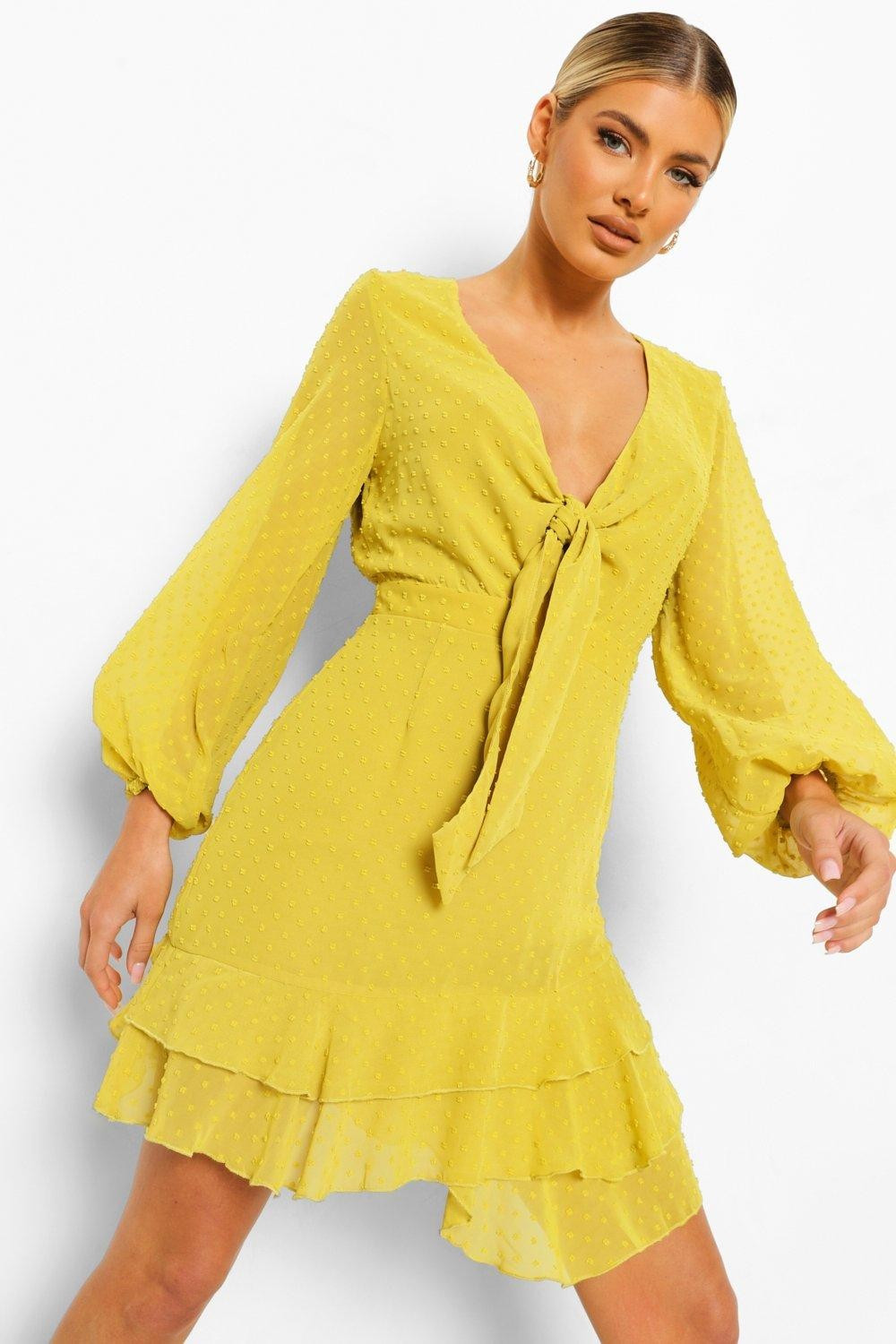 Womens Dobby Chiffon Tie Detail Skater Dress - Yellow - 16 | Boohoo.com (US & CA)