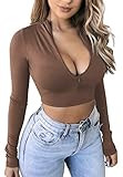 SKYVOICE Women's Sexy Zip Up Crop Top Long Sleeve Deep Neck Casual Basic T Shirt Mocha | Amazon (US)