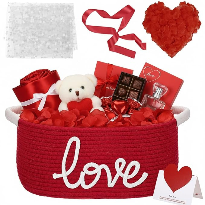 Colingmill Valentine's Day Woven Gift Basket with Bags Ribbon Gift Artificial Silk Rose Petals to... | Amazon (US)