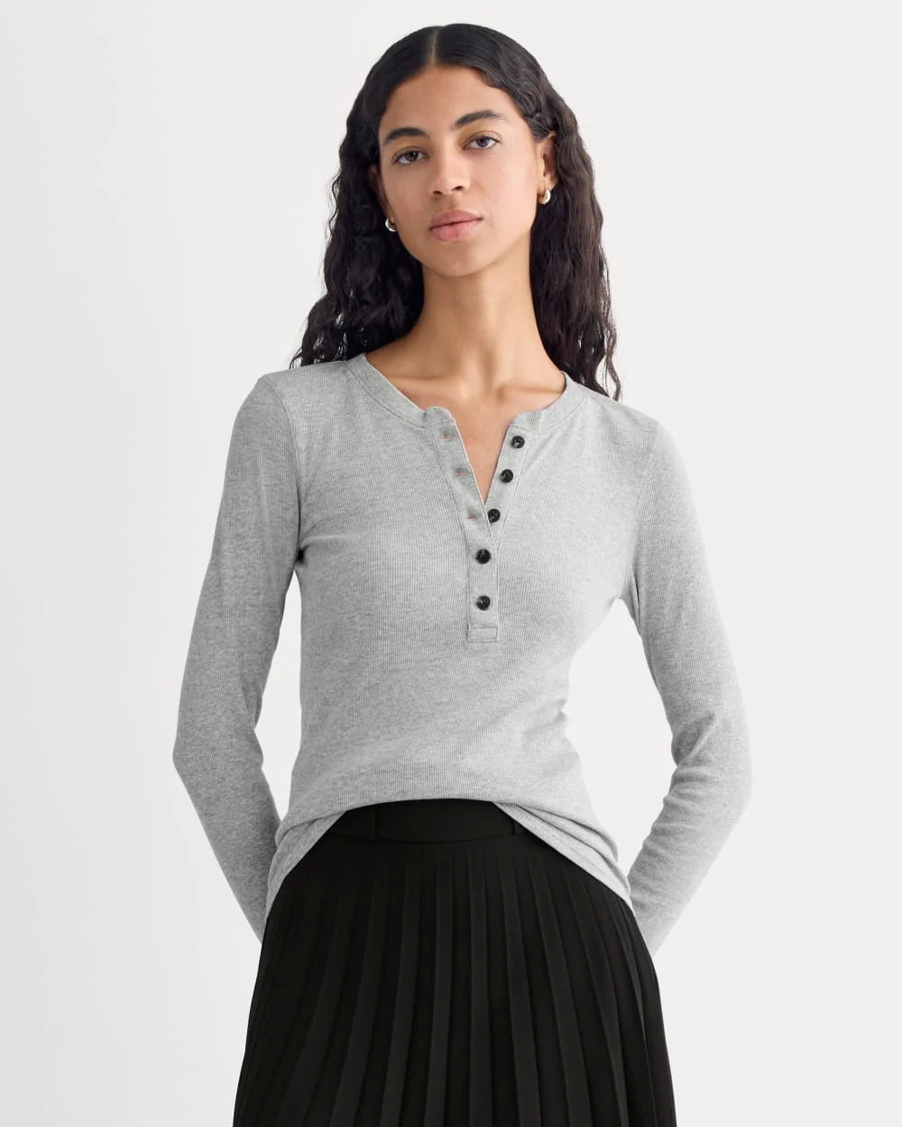 Everlane Luxe Rib Henley Tee | Classic Heather Grey | XXS | Cotton | Everlane