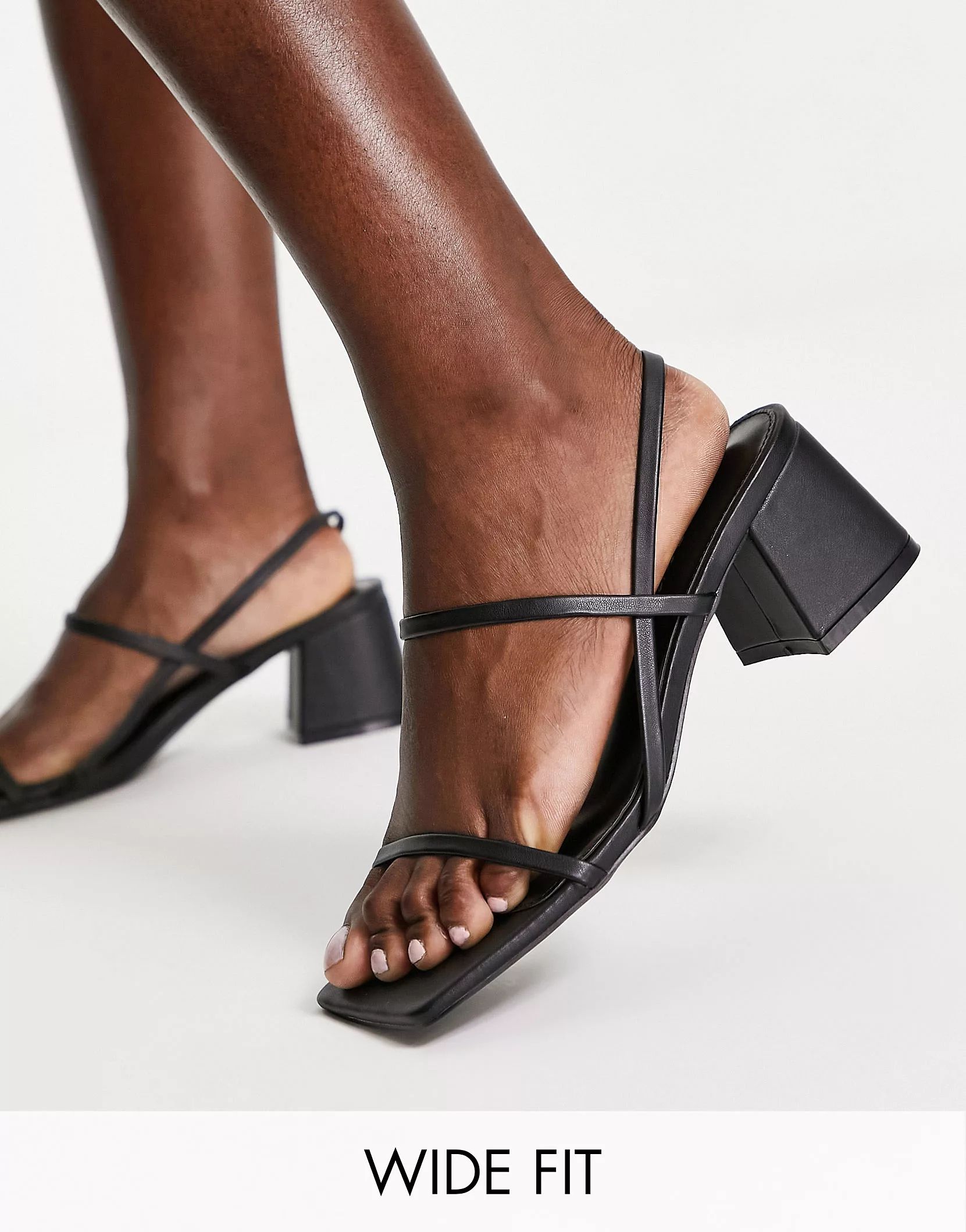 Public Desire Wide Fit Just Realize strappy mid heel sandals in black pu | ASOS (Global)