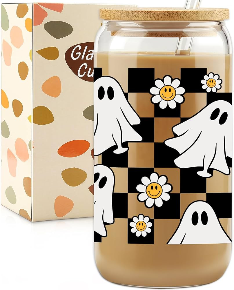 Halloween Ghost Cup, Halloween Mug, 16 oz Tumbler Glass Cups with Lids and Straws - Spooky Iced C... | Amazon (US)