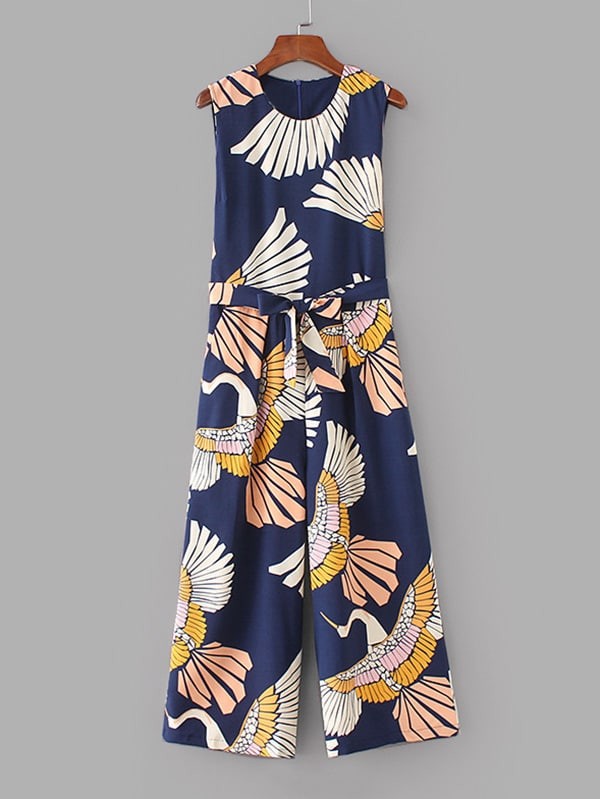 Cranes Print Belted Wide Leg Jumpsuit | SHEIN