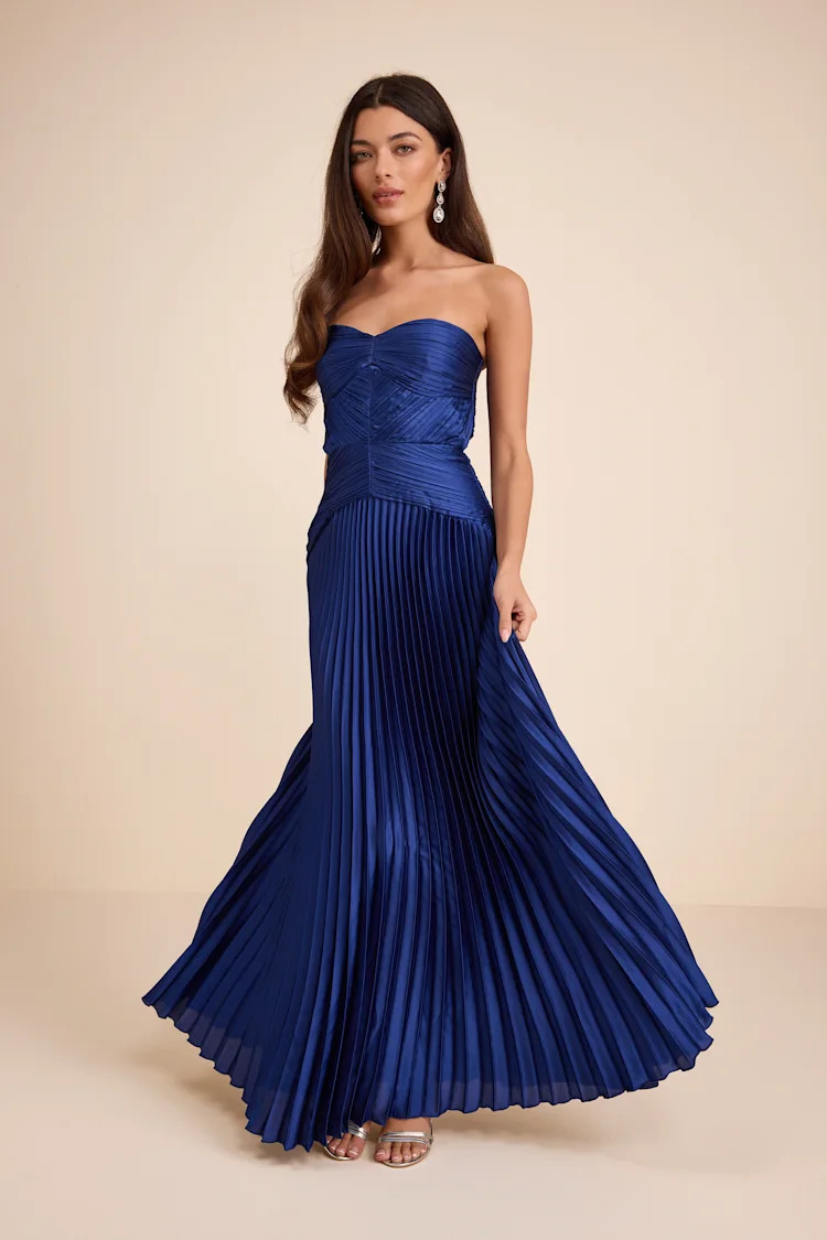 Elkay Navy Blue Pleated Satin Drop Waist Maxi Dress | blue bachelorette dress  | Lulus