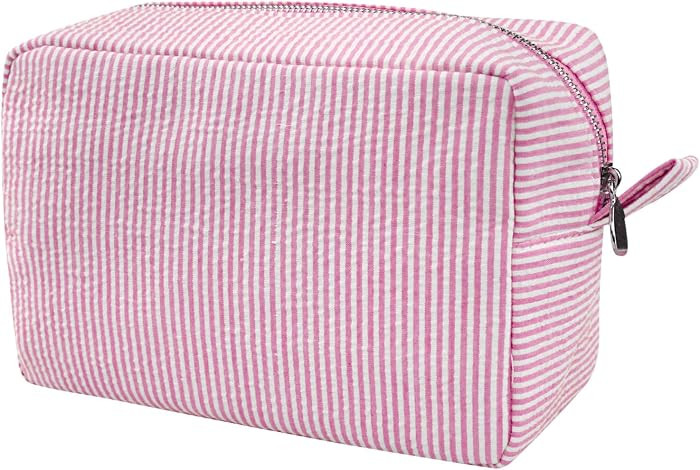 Cosmetic Bag for Women, Large Makeup Bag, Travel Toiletry Stripe Cosmetic Bag, Seersucker Women A... | Amazon (US)
