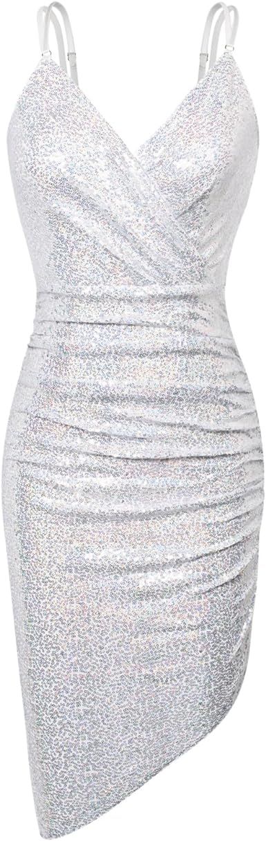 GRACE KARIN Women's Sexy Sequin Ruched Cocktail Party Dress Spaghetti Straps V-Neck Sparkly Glitt... | Amazon (US)