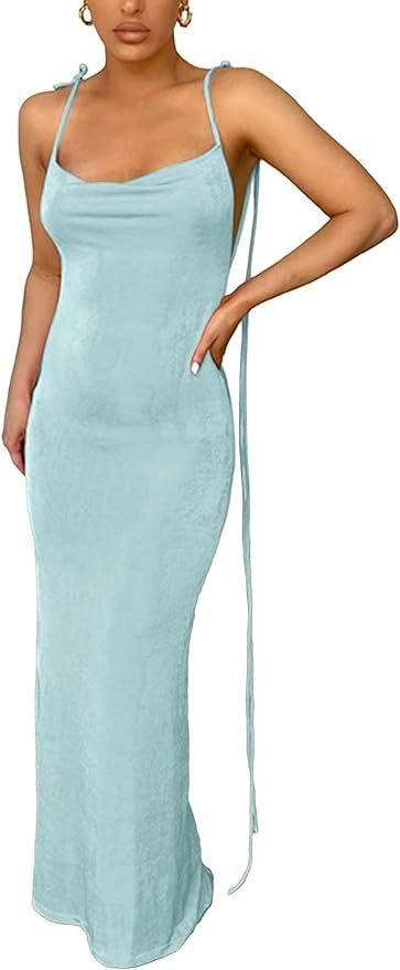 LYANER Women's Cowl Neck Tie Back Backless Spaghetti Strap Sleeveless Bodycon Party Maxi Long Dre... | Amazon (US)