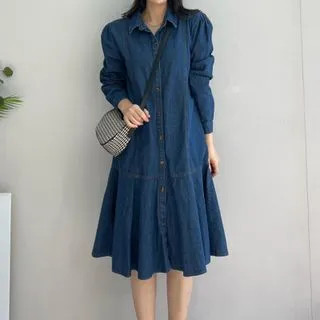 Long-Sleeve Denim Midi Shirt Dress | YesStyle Global