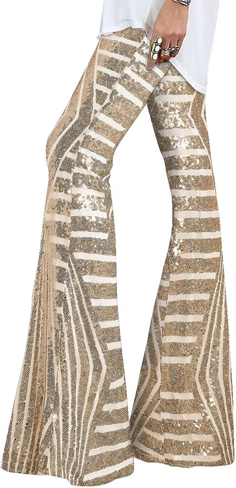 EVALESS Women Sequin Pants Sparkly Glitter High Waisted Wide Leg Flare Trousers Bell Bottom Night... | Amazon (US)