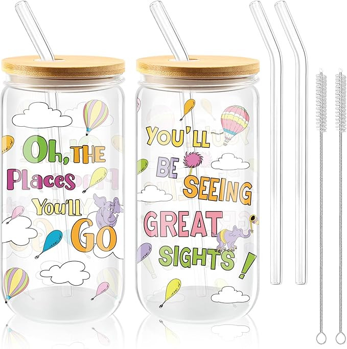 2 Pack Oh the Places You'll Go Glass Cup 16 oz Glass Iced Coffee Mugs with Bamboo Lid & Straw Tra... | Amazon (US)