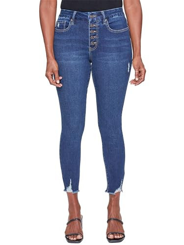 YMI Jeans Women's Curvy Fit High Rise Exposed Button Fly Ankle Jean, Deep Sky Blue Rips, 10 | Amazon (US)