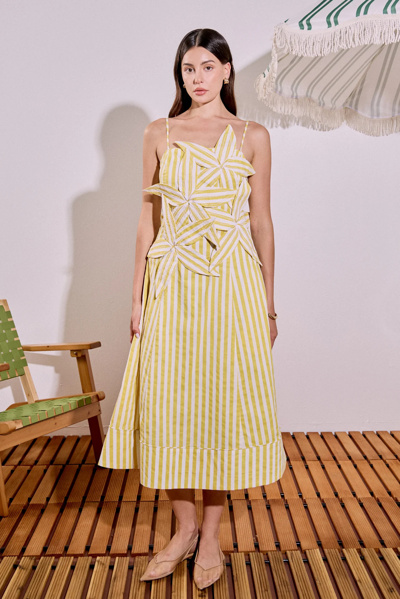 Stripe Flower Appliqué Midi Dress | English Factory