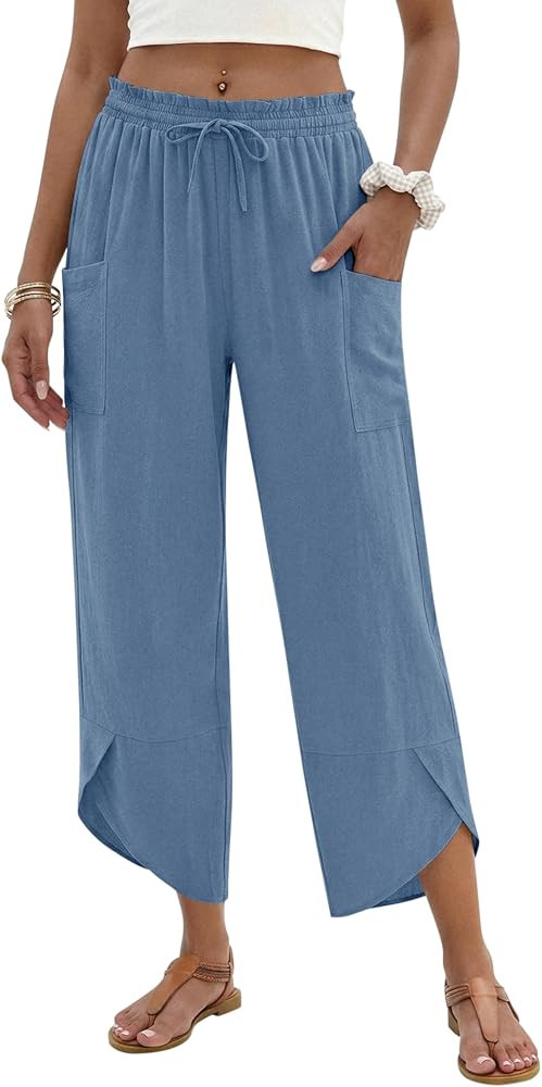 LOMON Women Linen Palazzo Pants Boho Wide Leg Elastic Waisted Casual Capri Pant Summer Harem Loun... | Amazon (US)