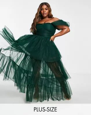 Lace & Beads Plus exclusive off shoulder tulle maxi dress in emerald green | ASOS (Global)