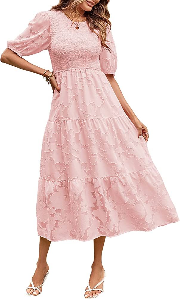 MEROKEETY Women's 2023 Summer Puff Sleeve Smocked Floral Dress Crewneck Lace Flowy Tiered Midi Dress | Amazon (US)