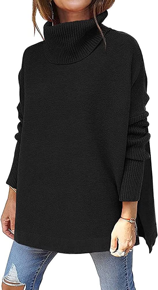 Drrita Women's Turtleneck Sweaters 2022 Oversized Batwing Sleeve Spilt Hem Asymmetric Pullover Sw... | Amazon (US)